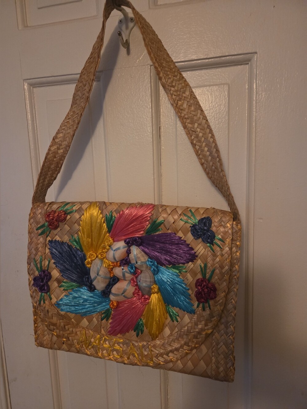 Woven Straw  Vintage Shoulder Bag with Colorful Floral Embroidery